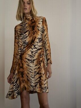 Zara Long-Sleeve Tiger-Print Turtleneck Dress in Tan and Black